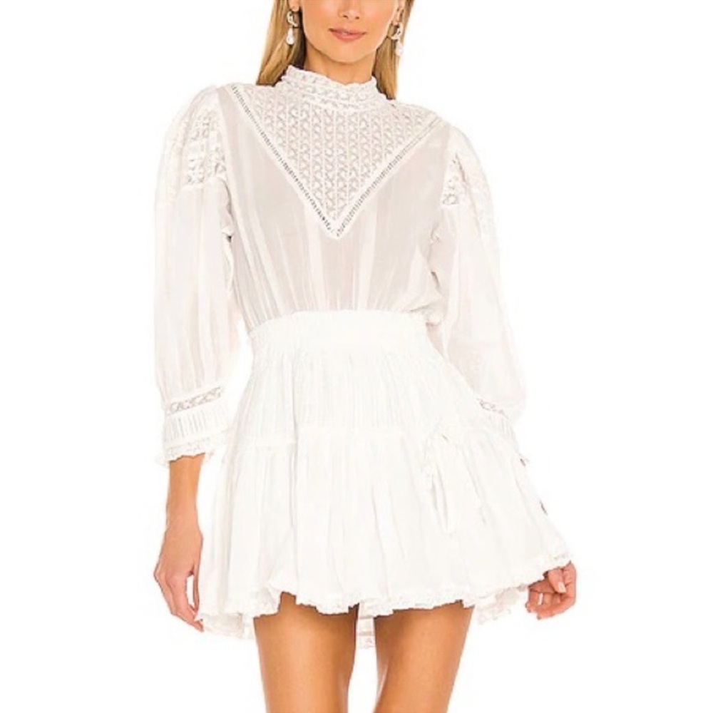 LoveShackFancy Viola lace ruffle mini dress long sleeves Antique white.